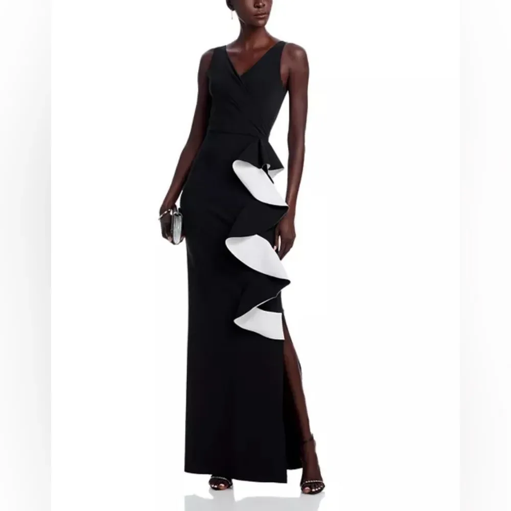 Chiara Boni La Petite Robe Sangiovanna Ruffle Long Gown Dress Black 12 NWT